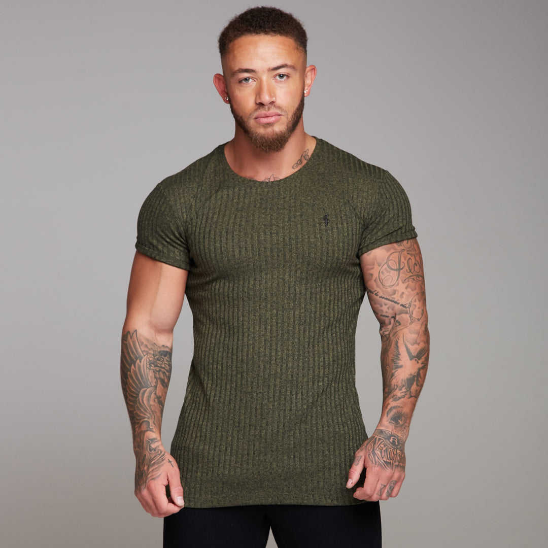 Classic Khaki Ribbed Knit Super Slim Long Line Crew - FSH172