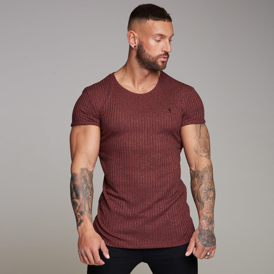 Classic Burgundy Ribbed Knit Super Slim Long Line Crew - FSH170
