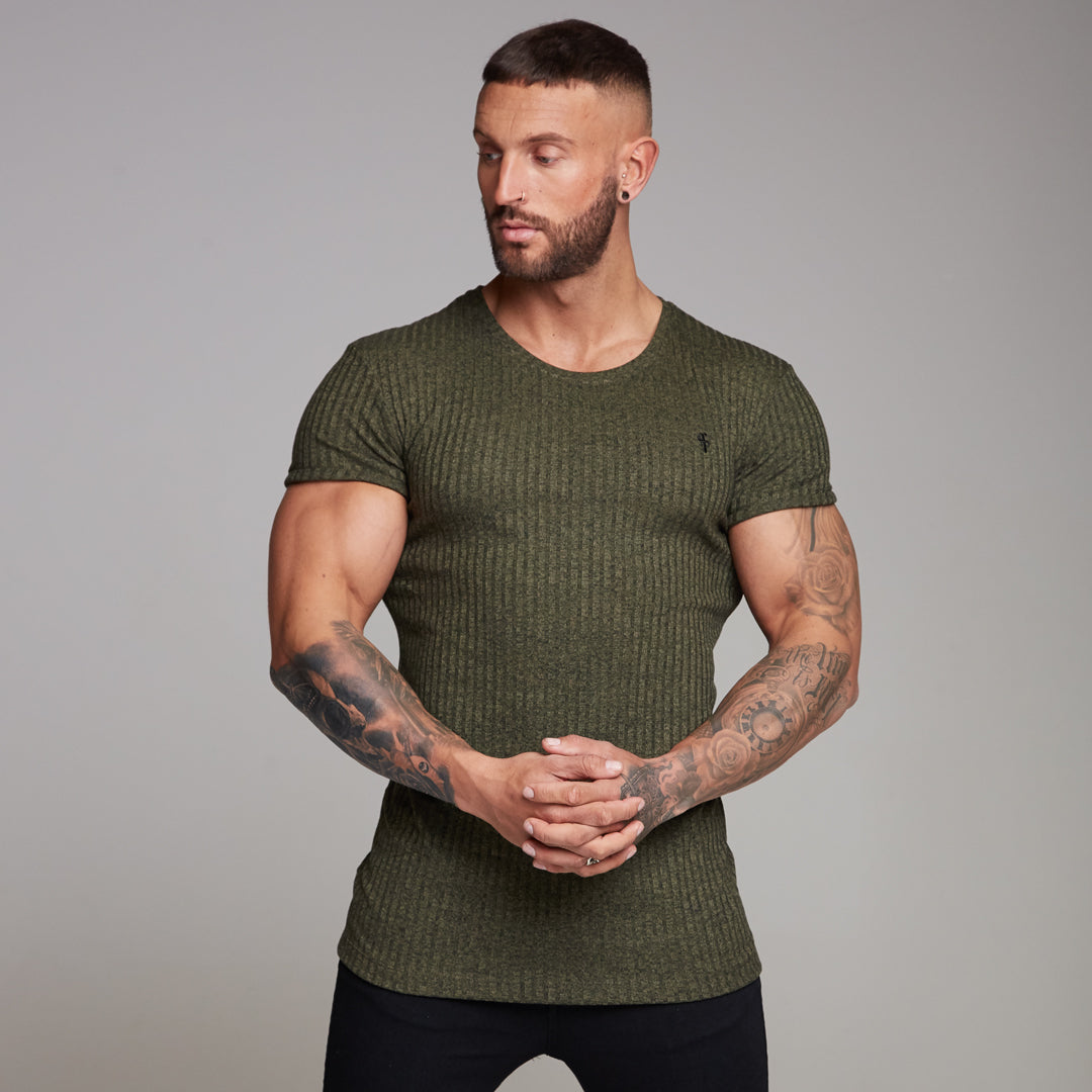 Classic Khaki Ribbed Knit Super Slim Long Line Crew - FSH172