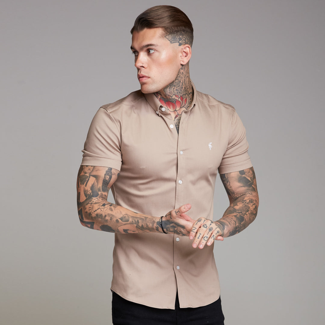 Super Slim Stretch Beige Denim Short Sleeve - FS344