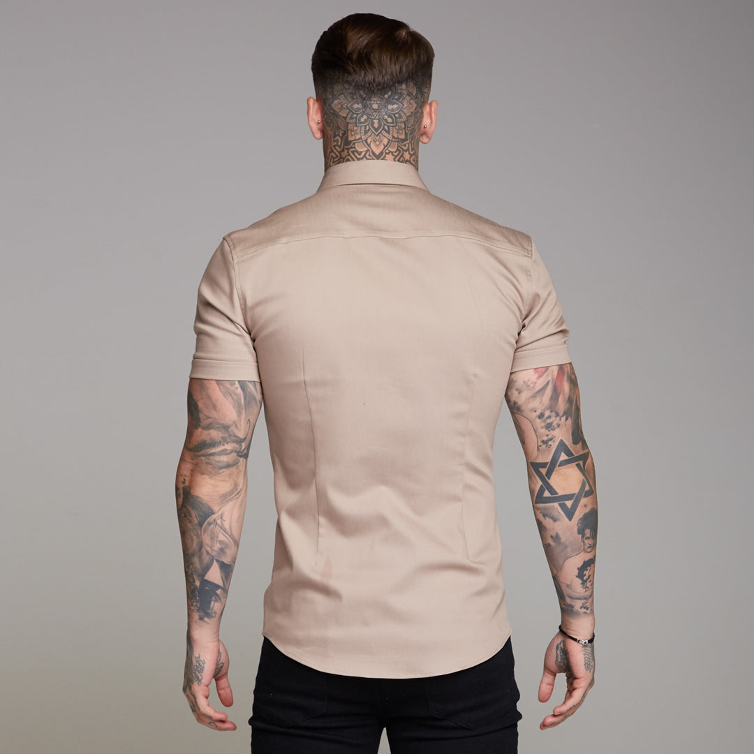 Super Slim Stretch Beige Denim Short Sleeve - FS344
