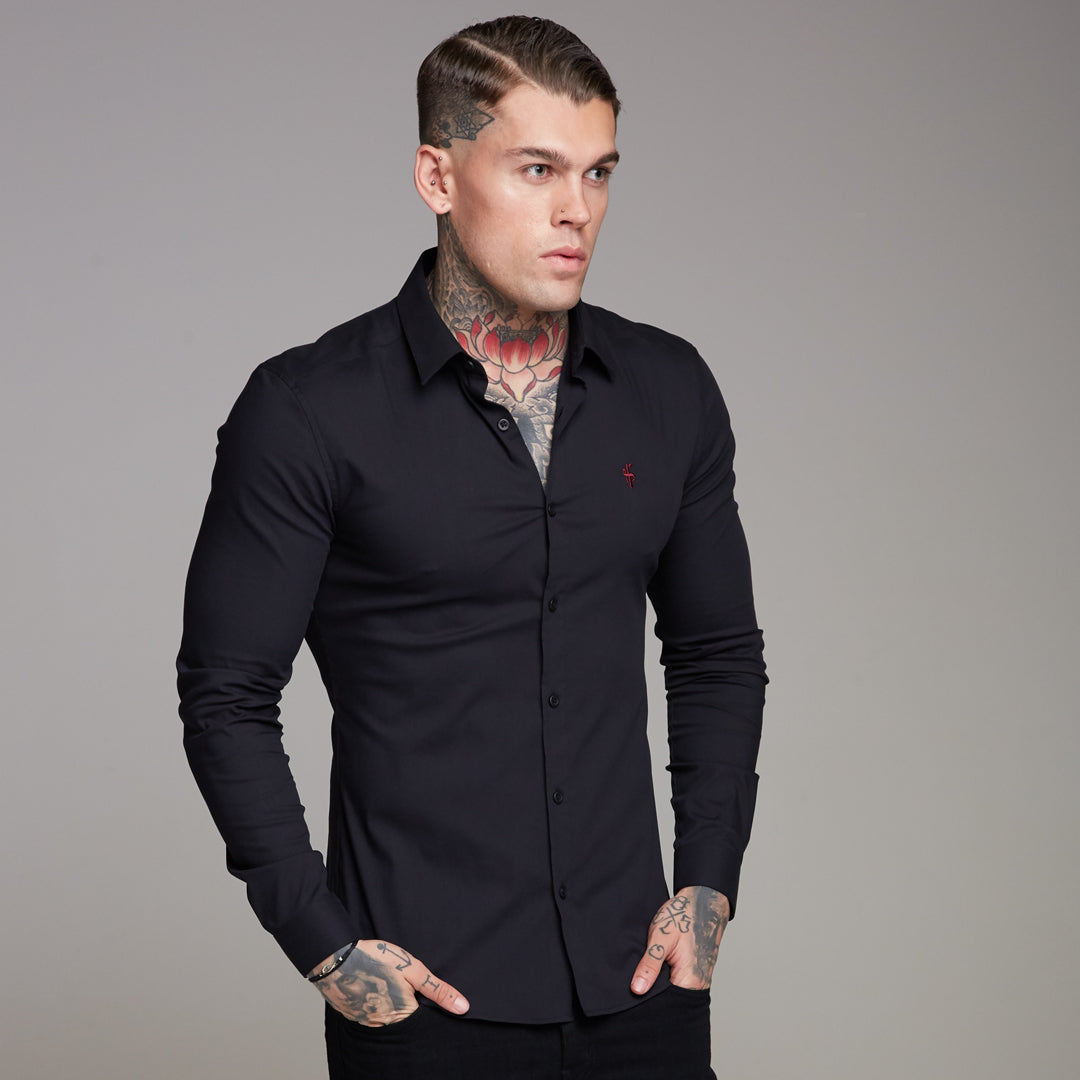 Super Slim Ultra Stretch Black Shirt (Red embroidery) - FS354