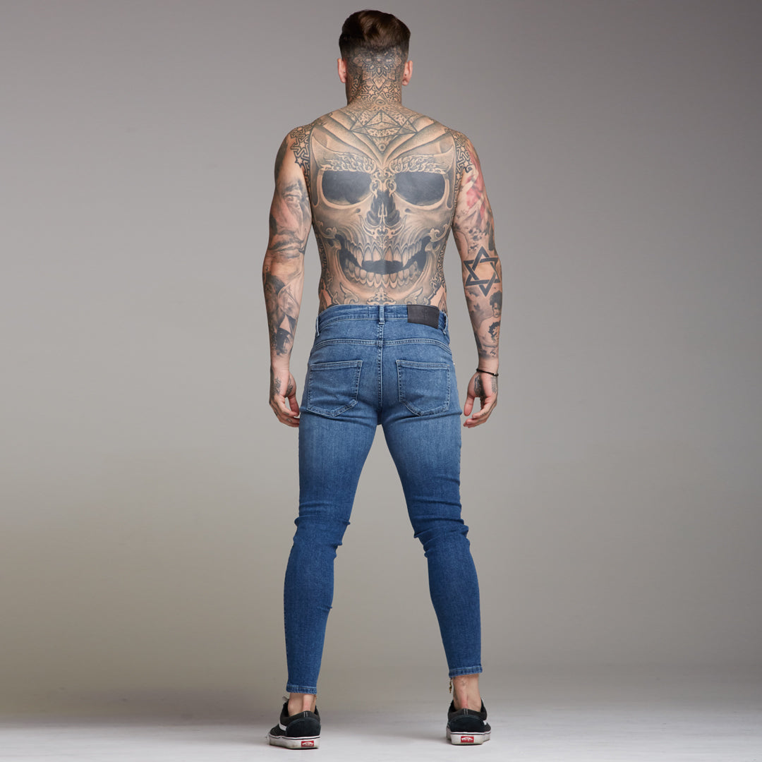 Zipped Ankle Plain Slim Stretch Blue Jeans - FSH181