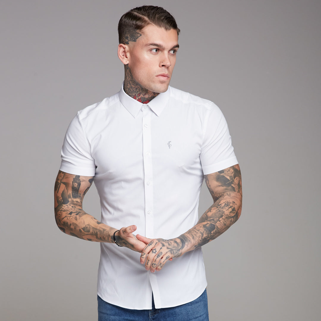 Super Slim Ultra Stretch Classic White Short Sleeve Shirt (Grey embroidery) - FS353