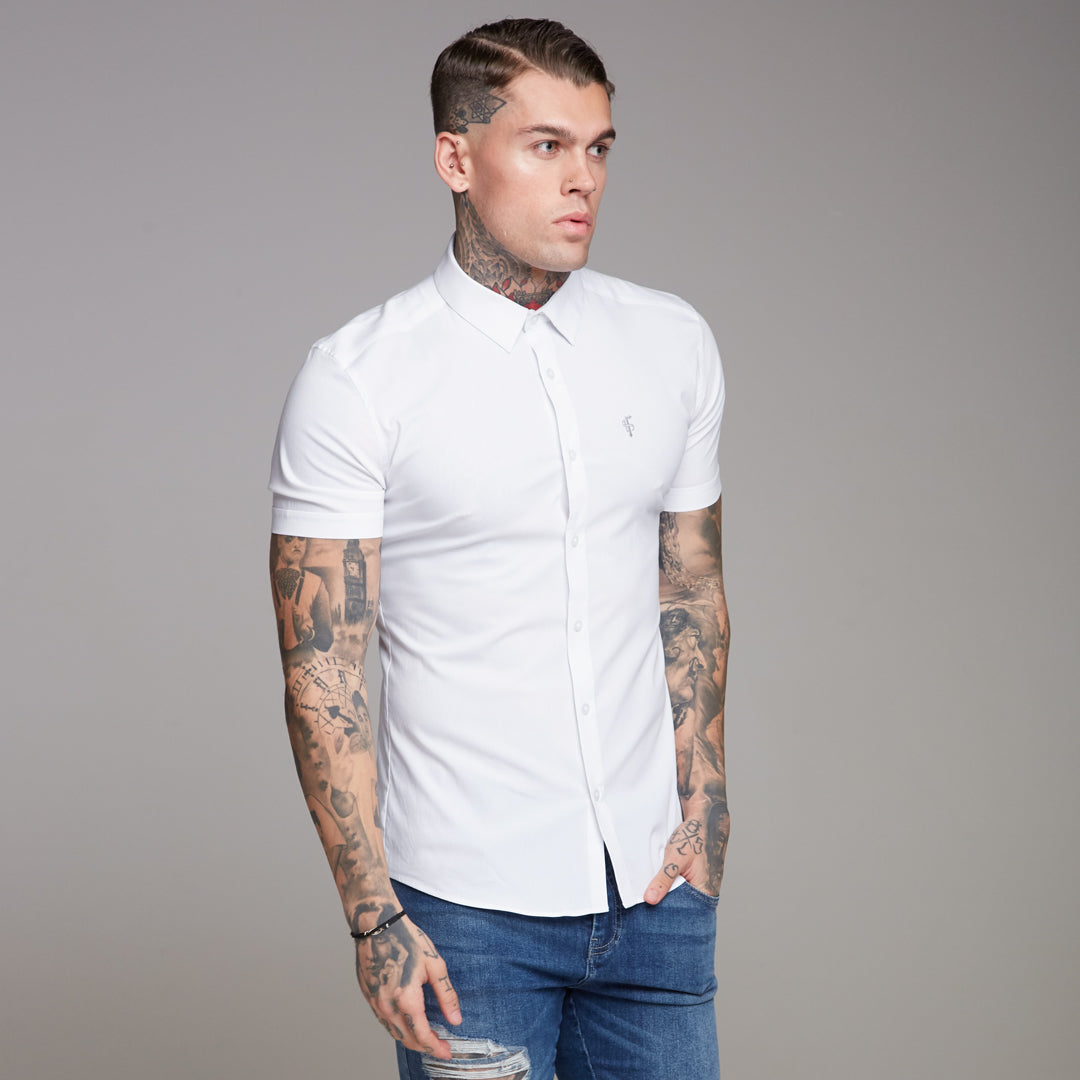 Super Slim Ultra Stretch Classic White Short Sleeve Shirt (Grey embroidery) - FS353