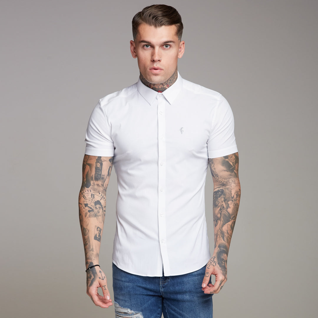 Super Slim Ultra Stretch Classic White Short Sleeve Shirt (Grey embroidery) - FS353