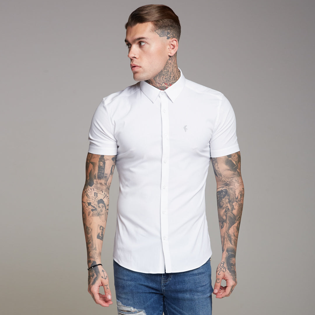 Super Slim Ultra Stretch Classic White Short Sleeve Shirt (Grey embroidery) - FS353