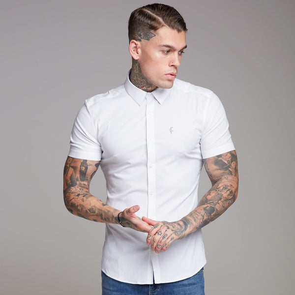 Father Sons Super Slim Ultra Stretch Classic White Short Sleeve Shirt (Grey embroidery) - FS353