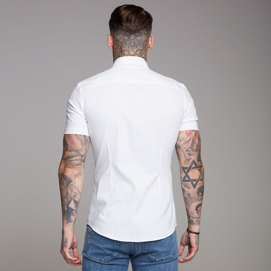 Super Slim Ultra Stretch Classic White Short Sleeve Shirt (Grey embroidery) - FS353