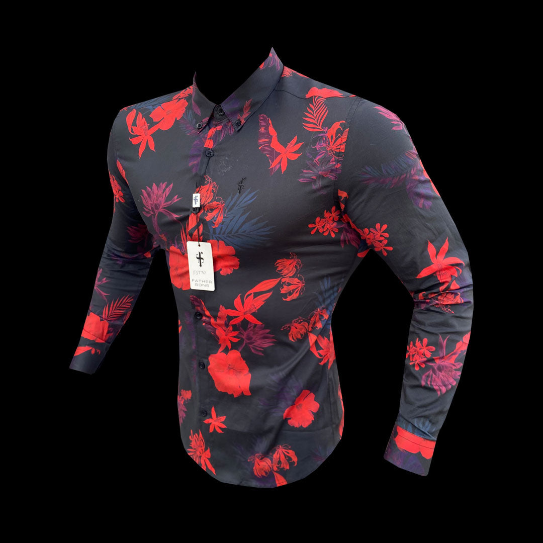 Super Slim Stretch Black and Red Floral Print Long Sleeve with Button Down Collar - FS770