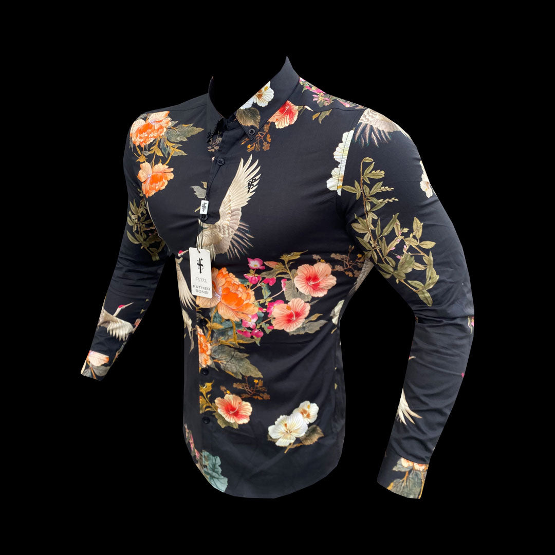 Super Slim Stretch Black Crane Print Long Sleeve with Button Down Collar - FS772