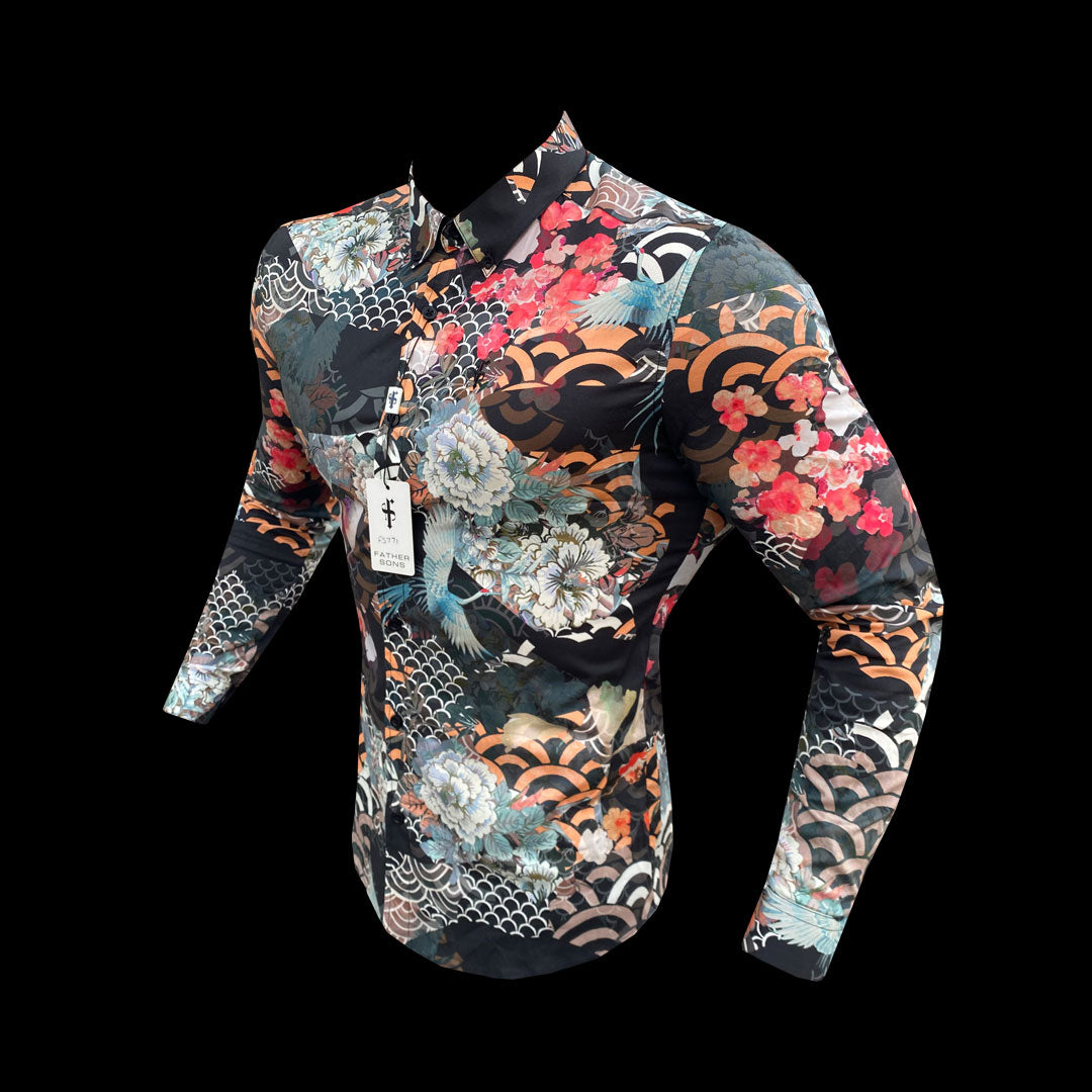 Super Slim Stretch Multi Oriental Print Long Sleeve with Button Down Collar - FS771