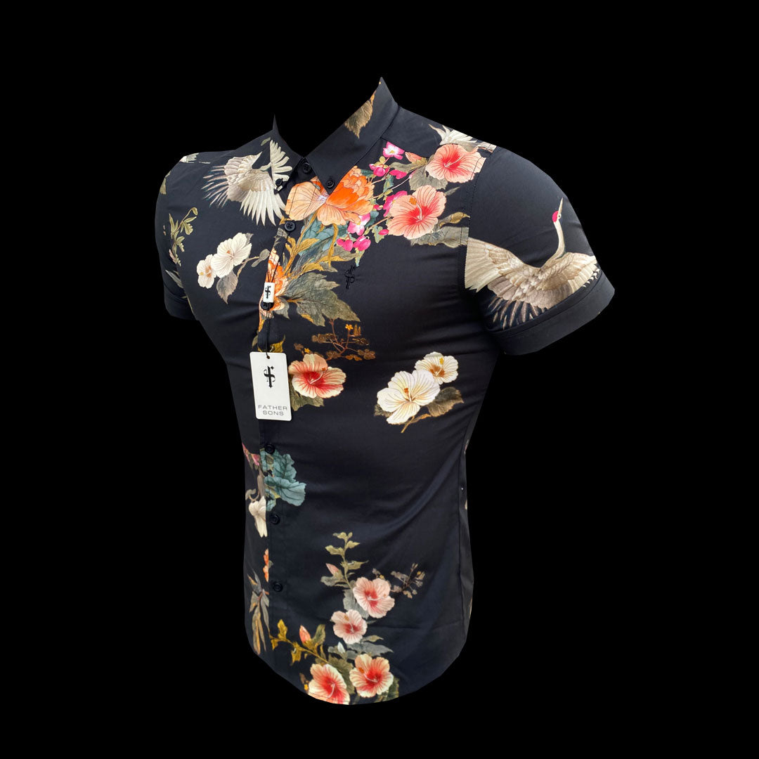 Super Slim Stretch Black Crane Print Short Sleeve with Button Down Collar - FS768