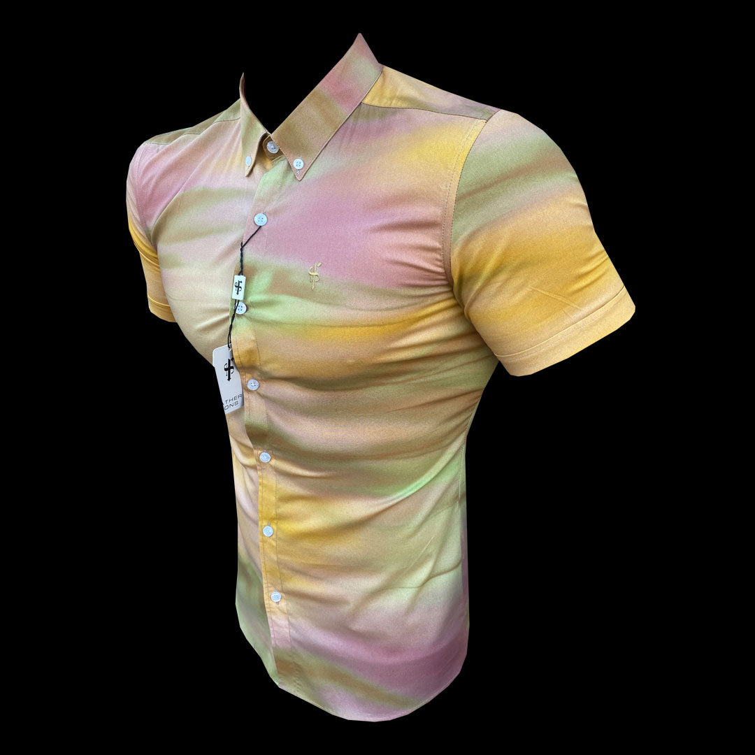 Super Slim Stretch Multi Water Colour Print Short Sleeve with Button Down Collar - FS835 / FS951