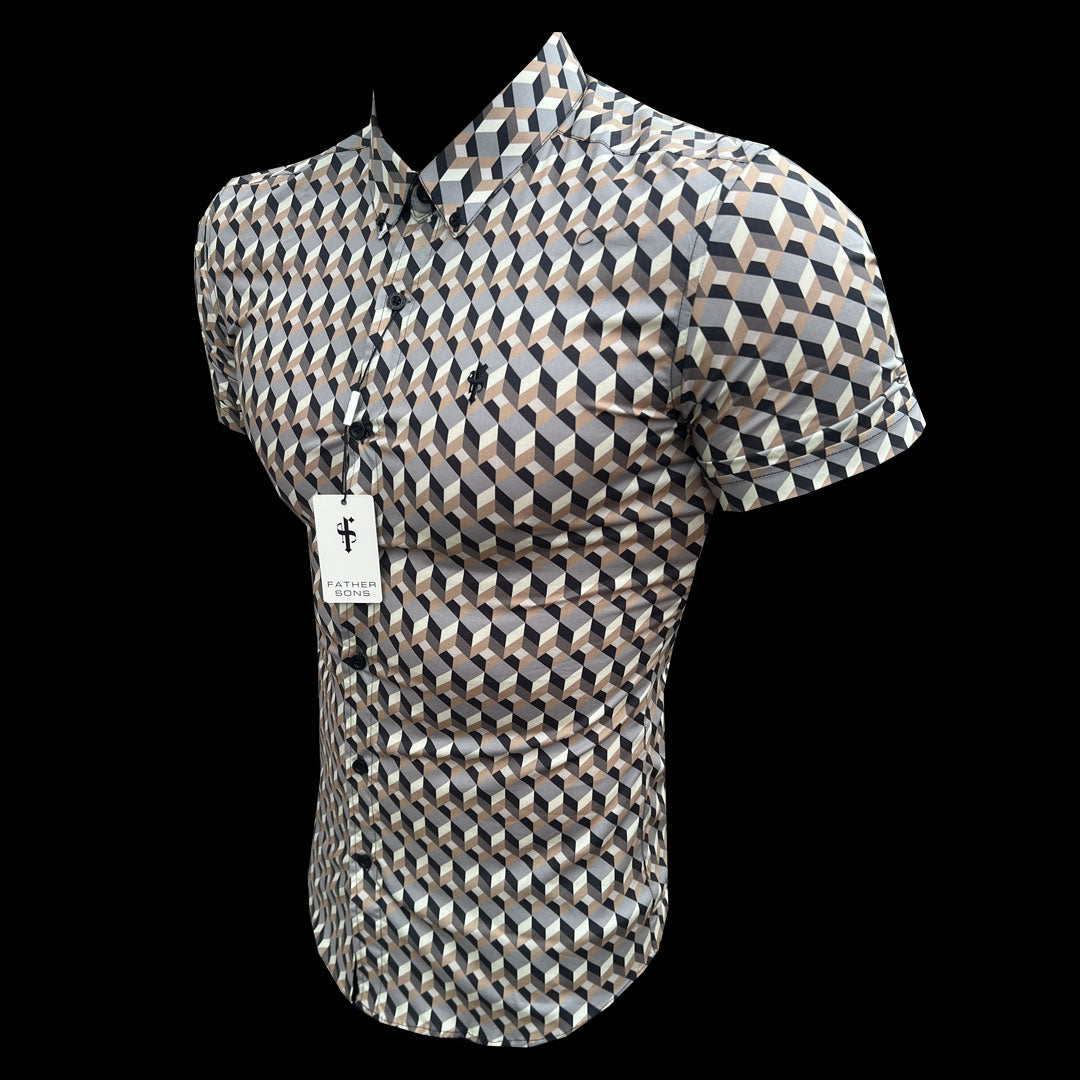 Super Slim Stretch Grey / Beige Chevron Print Short Sleeve with Button Down Collar - FS905