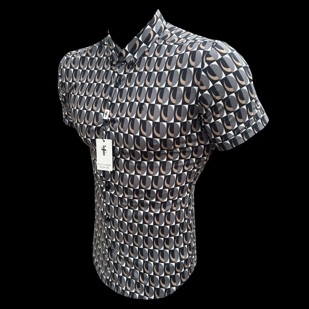 Super Slim Stretch Black Multi Retro Print Short Sleeve with Button Down Collar - FS911