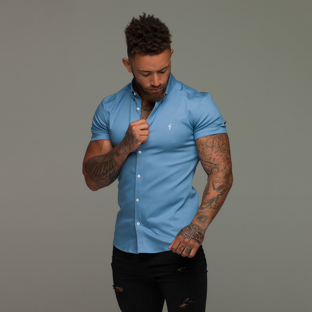 Super Slim Stretch Light Blue Denim Short Sleeve - FS200