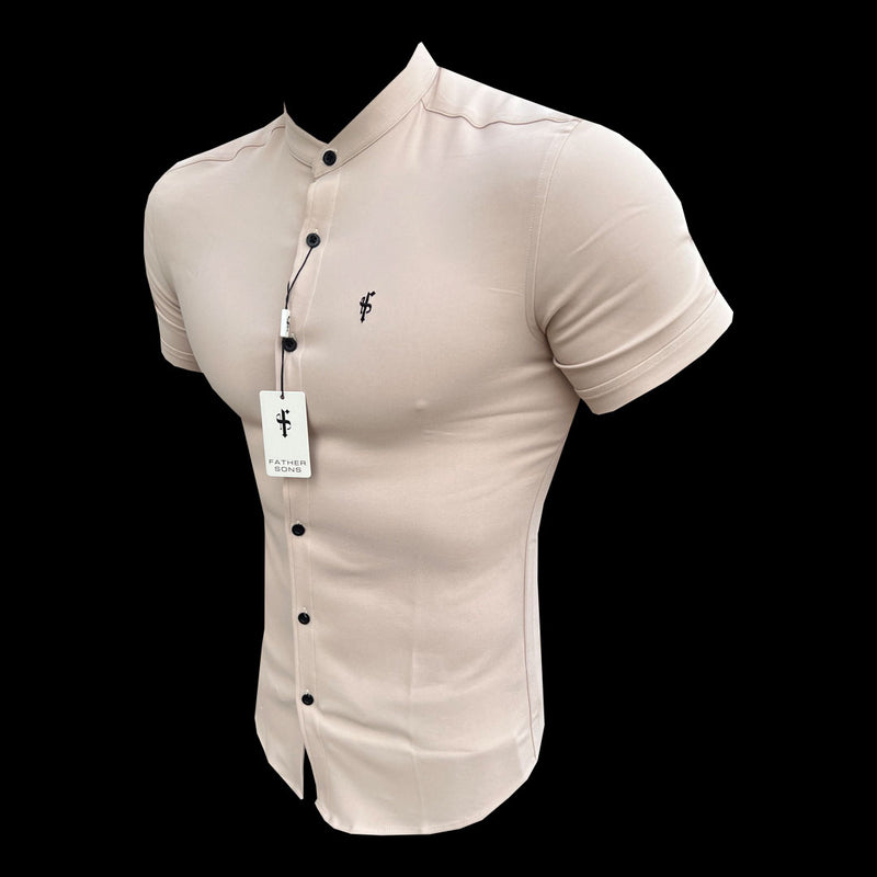 Father Sons Super Slim Scuba Beige Short Sleeve Stretch with Grandad Collar - FS940