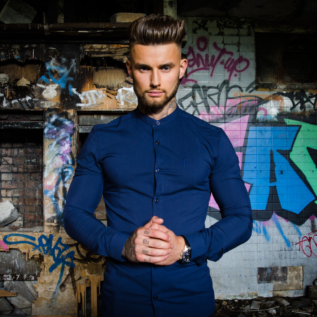 Super Slim Stretch Classic Navy Grandad Collar - FS183