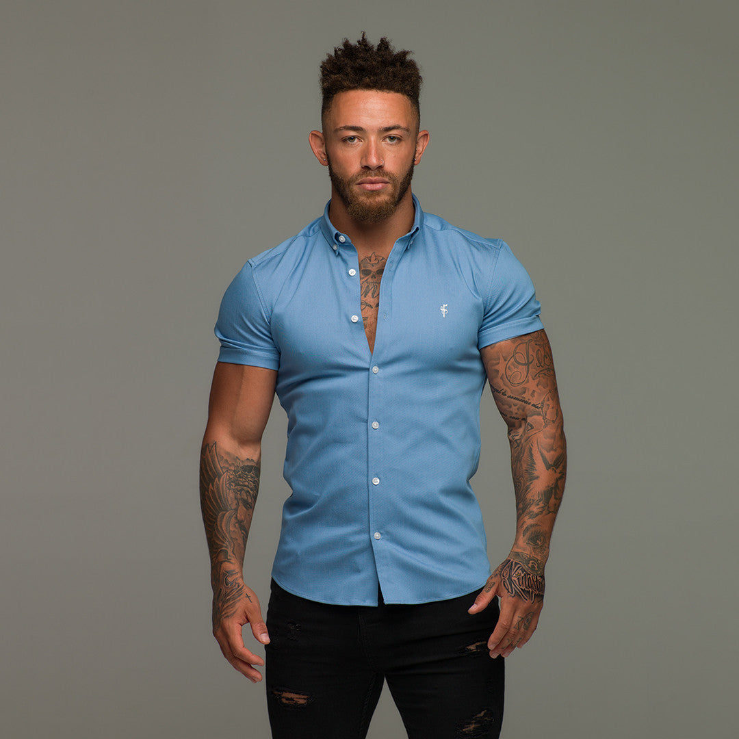 Super Slim Stretch Light Blue Denim Short Sleeve - FS200