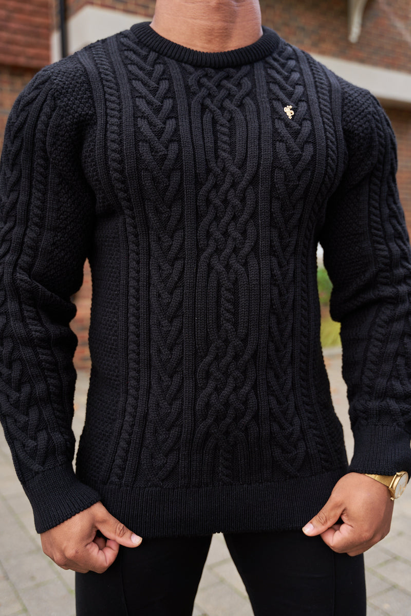 Father Sons Black Twisted Braid Weave Super Slim Sweater With Gold Decal - FSJ033