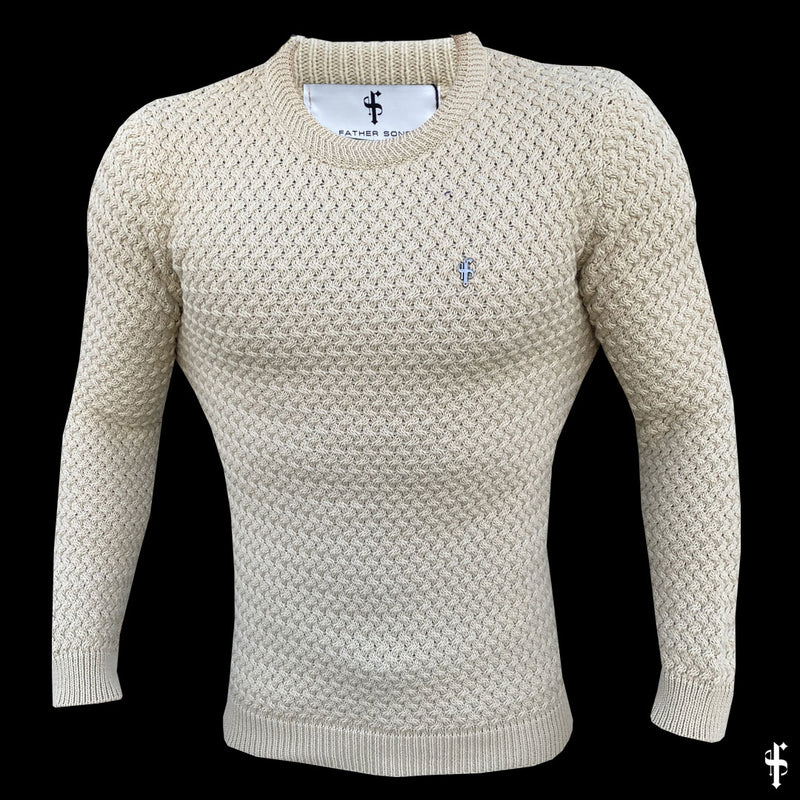 Father Sons Oatmeal Knitted Weave Super Slim Sweater With Metal Decal - FSJ020
