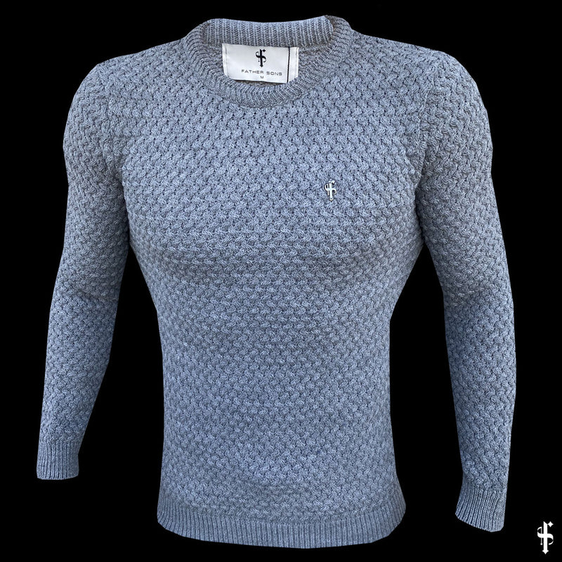 Father Sons Grey Knitted Weave Super Slim Sweater With Metal Decal - FSJ016