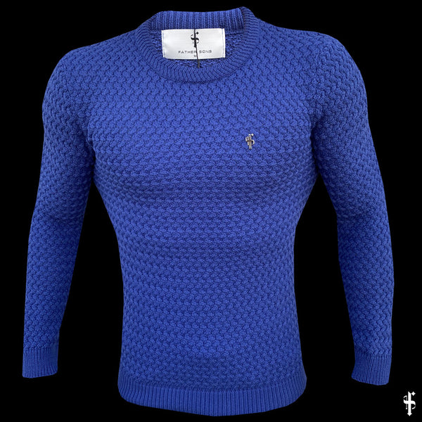 Father Sons Blue Knitted Weave Super Slim Sweater With Metal Decal - FSJ019