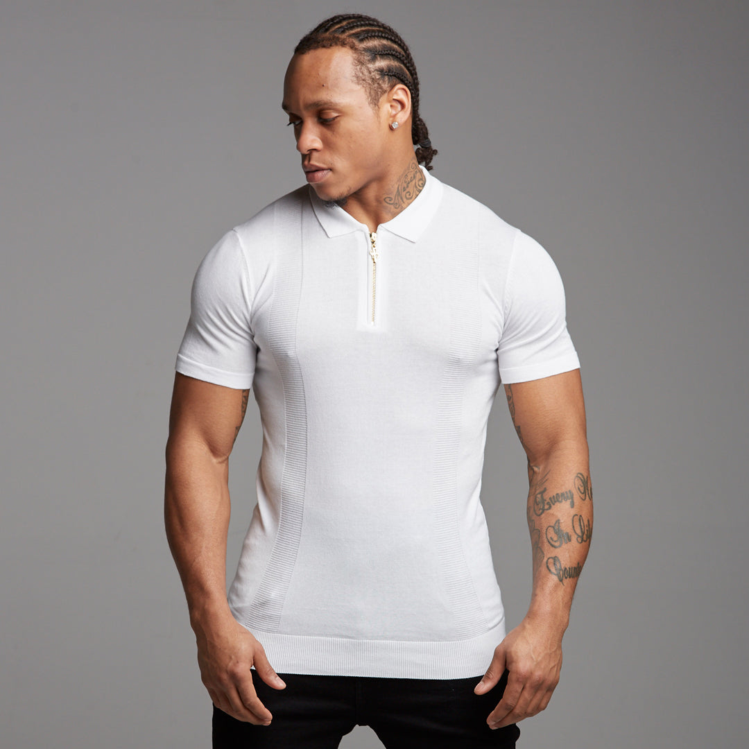 Classic White and Gold Zip Knitted Short Sleeve Polo Shirt - FSH175