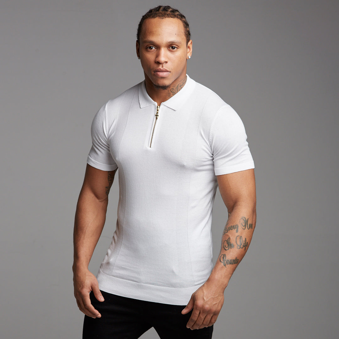 Classic White and Gold Zip Knitted Short Sleeve Polo Shirt - FSH175