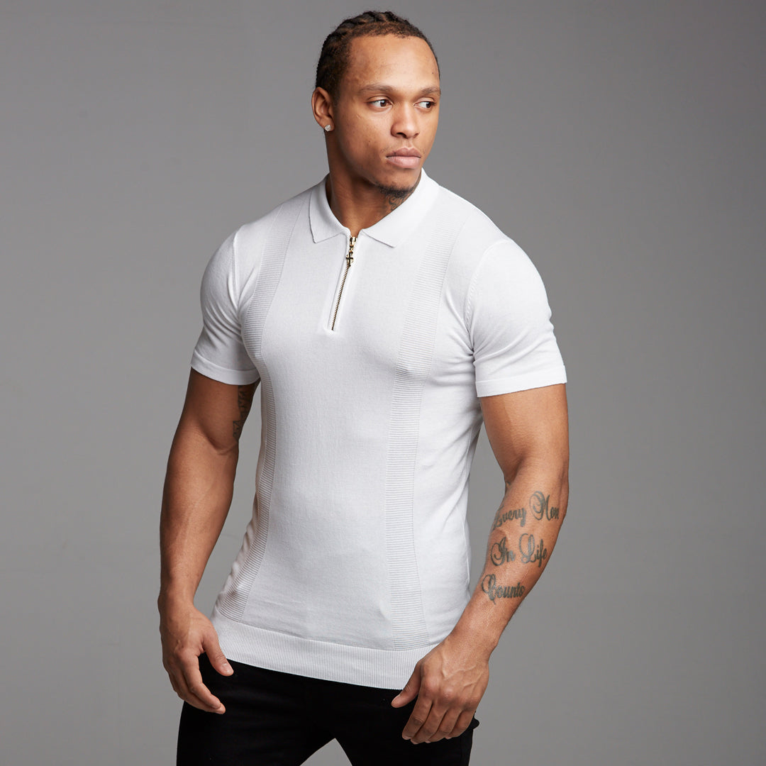 Classic White and Gold Zip Knitted Short Sleeve Polo Shirt - FSH175