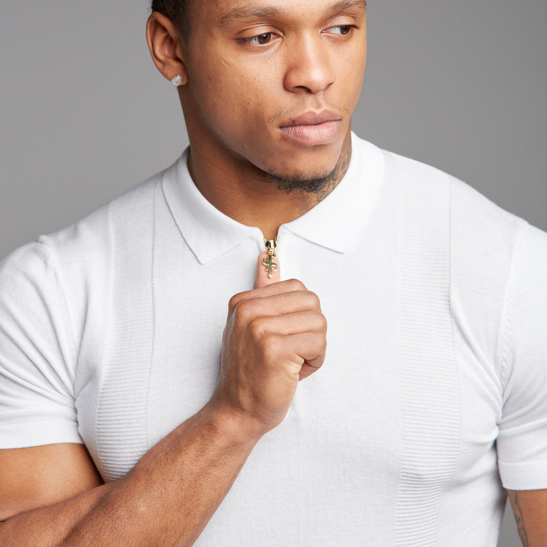 Classic White and Gold Zip Knitted Short Sleeve Polo Shirt - FSH175