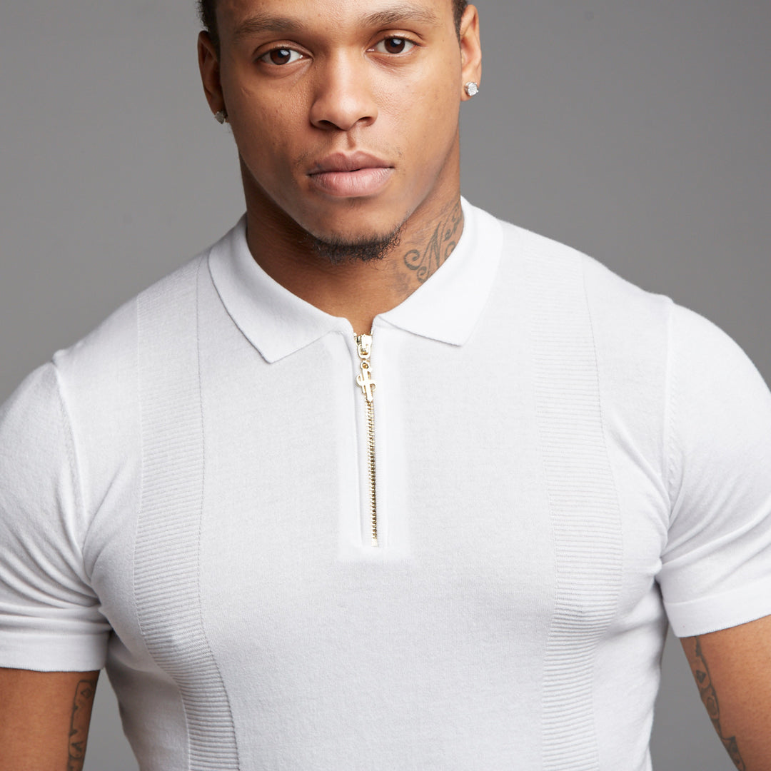 Classic White and Gold Zip Knitted Short Sleeve Polo Shirt - FSH175