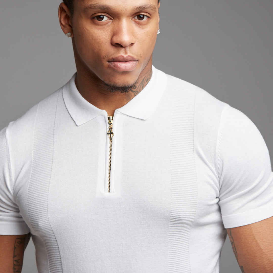Classic White and Gold Zip Knitted Short Sleeve Polo Shirt - FSH175
