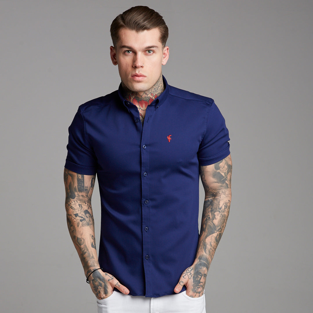 Super Slim Stretch Navy Denim Short Sleeve (Red Emblem) - FS199