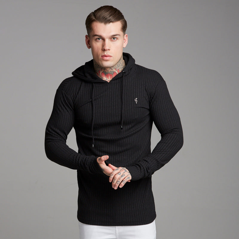 Father Sons Classic Black Ribbed Knit Hoodie Jumper - FSH218