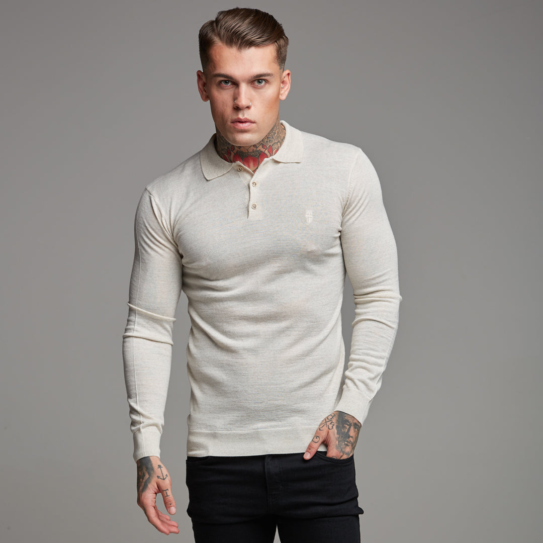 Classic Beige Shirt Knitted Long Sleeve Polo - FSH176 (LAST CHANCE)
