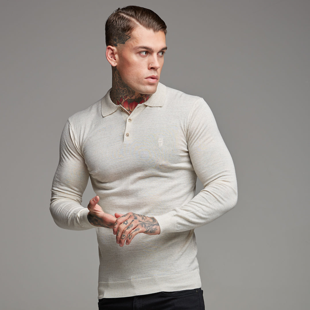 Classic Beige Shirt Knitted Long Sleeve Polo - FSH176 (LAST CHANCE)