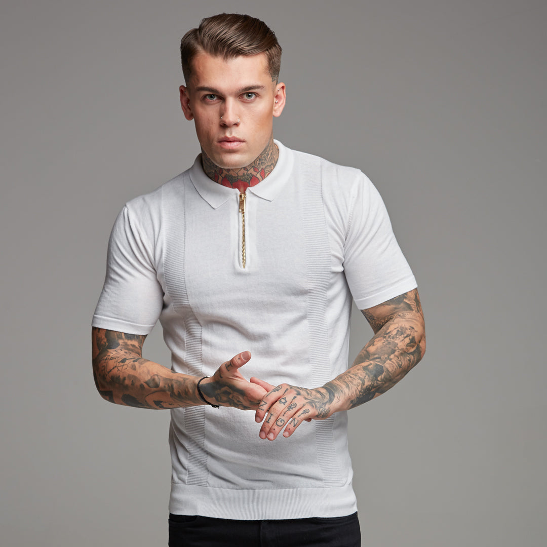 Classic White and Gold Zip Knitted Short Sleeve Polo Shirt - FSH175
