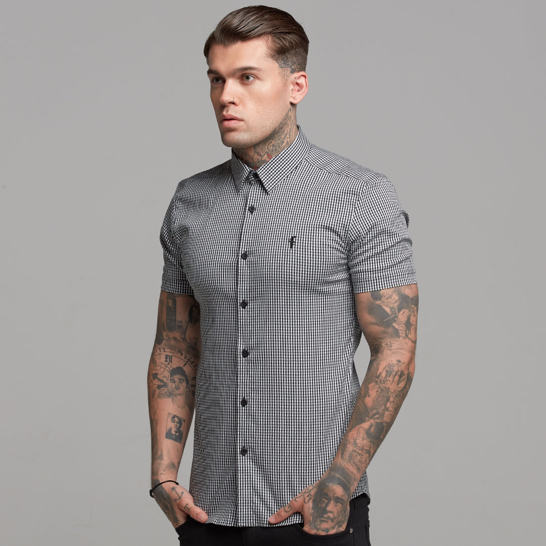 Super Slim Stretch White and Black Check Short Sleeve - FS453
