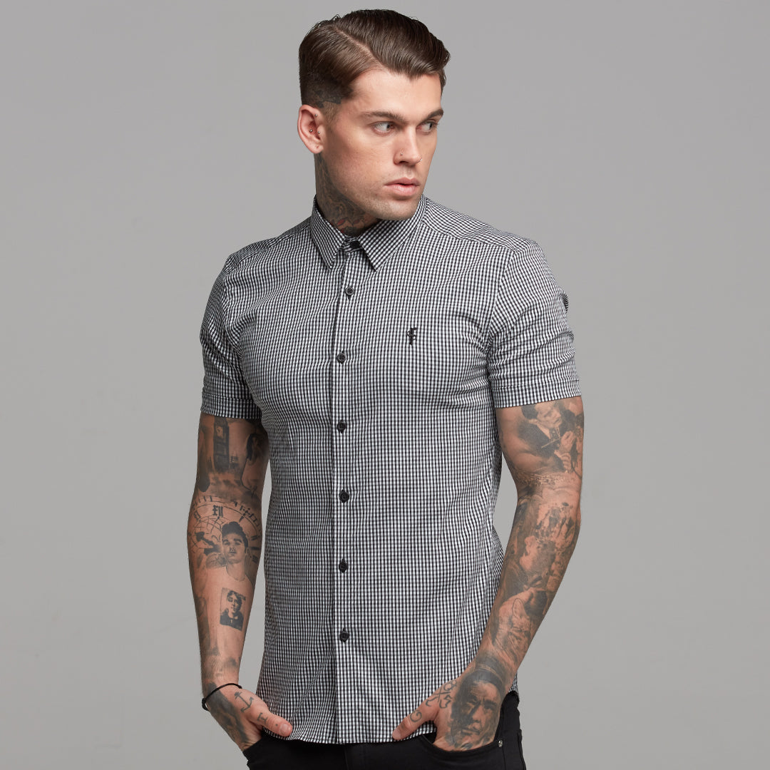 Super Slim Stretch White and Black Check Short Sleeve - FS453