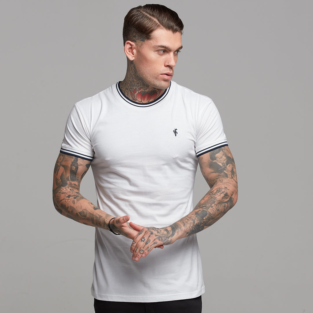 White with Navy Contrast Crew - FSH264