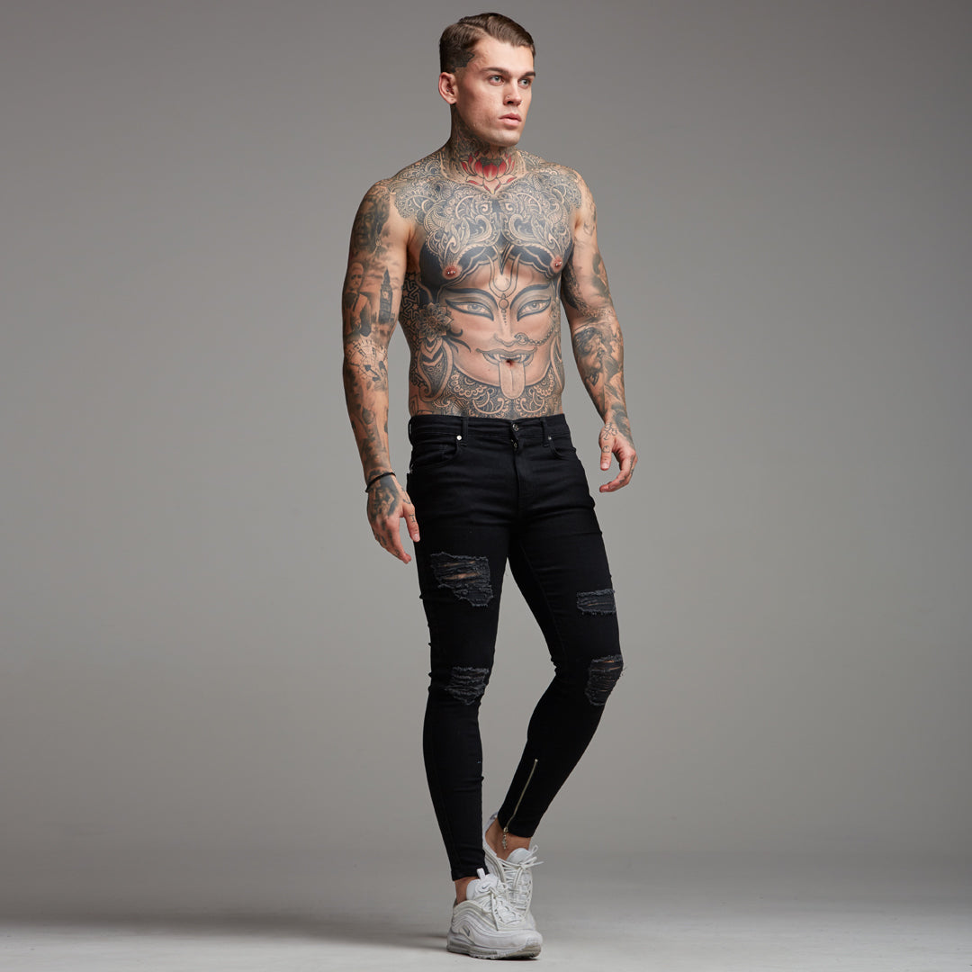 Zipped Ankle Distressed Ripped Slim Stretch Black Jeans - FSH234