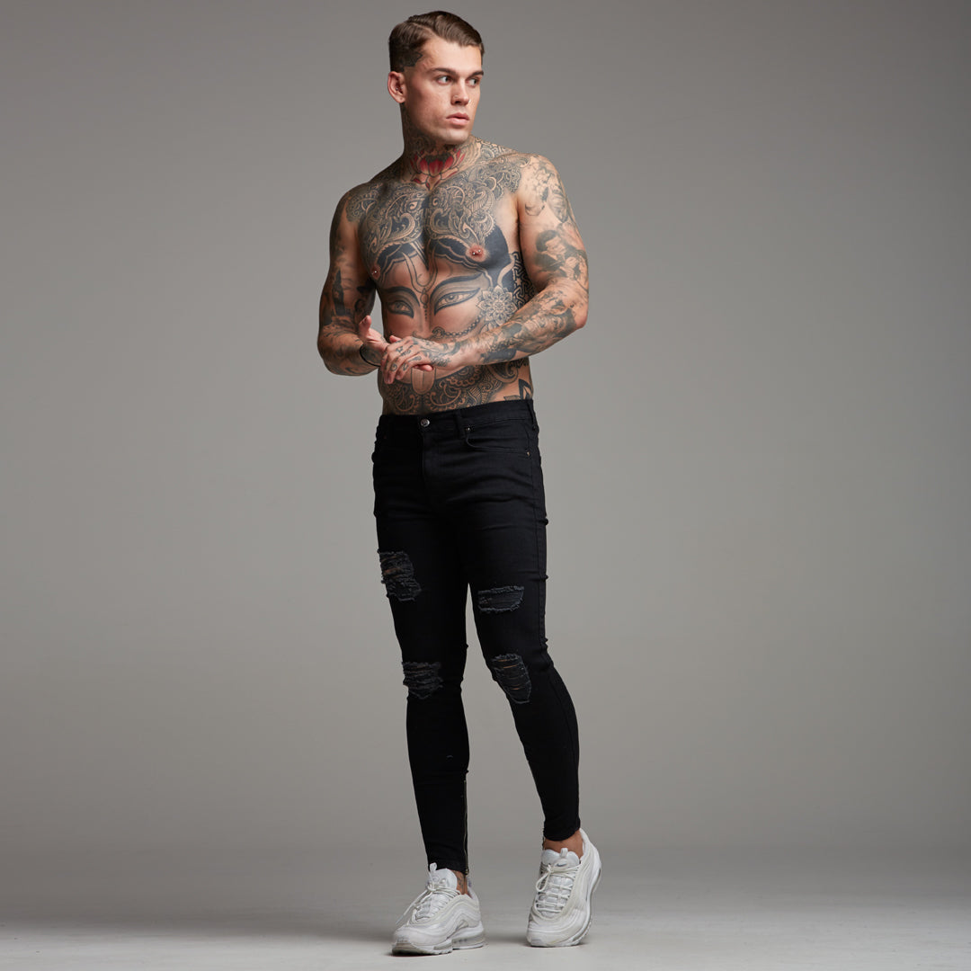 Zipped Ankle Distressed Ripped Slim Stretch Black Jeans - FSH234
