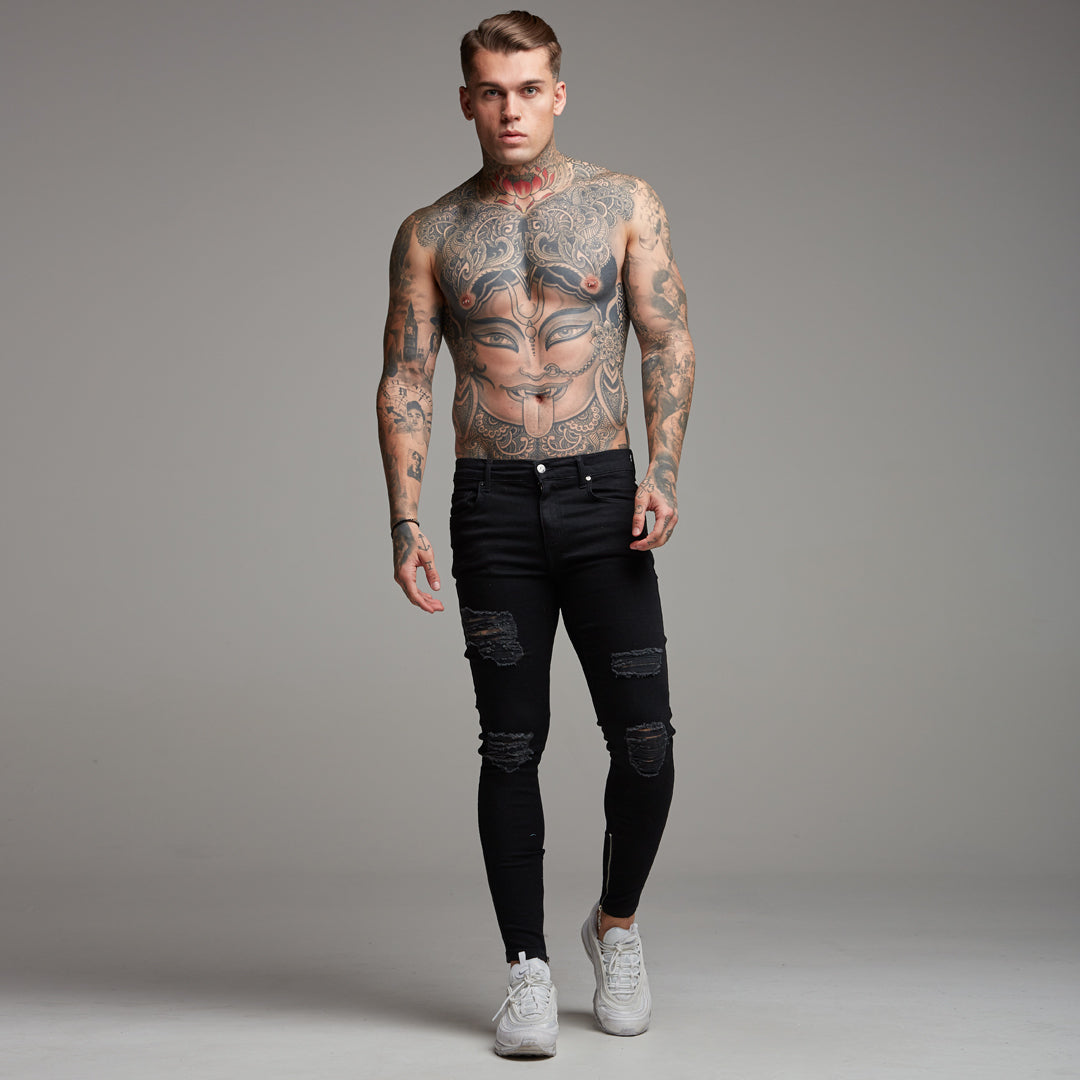 Zipped Ankle Distressed Ripped Slim Stretch Black Jeans - FSH234
