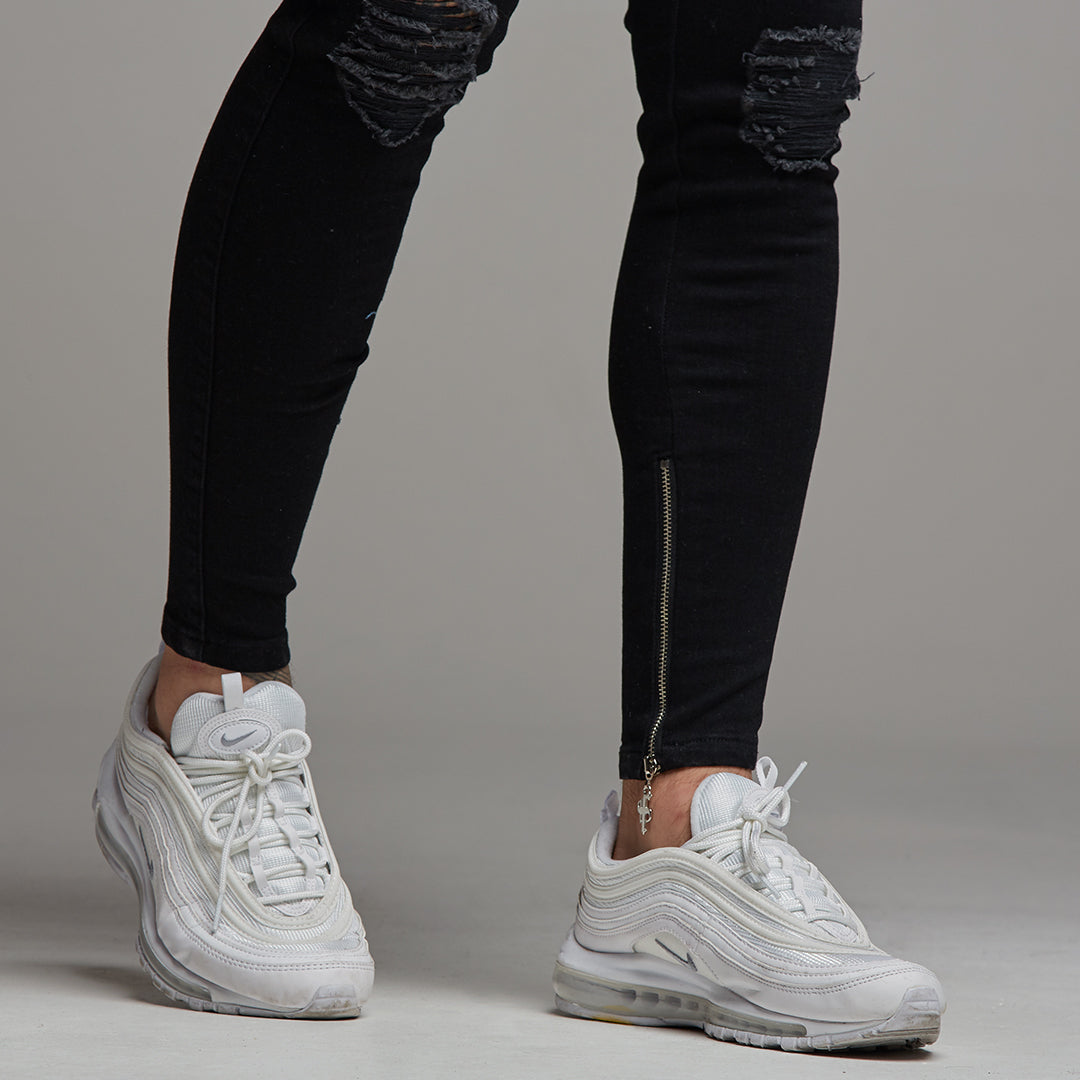 Zipped Ankle Distressed Ripped Slim Stretch Black Jeans - FSH234