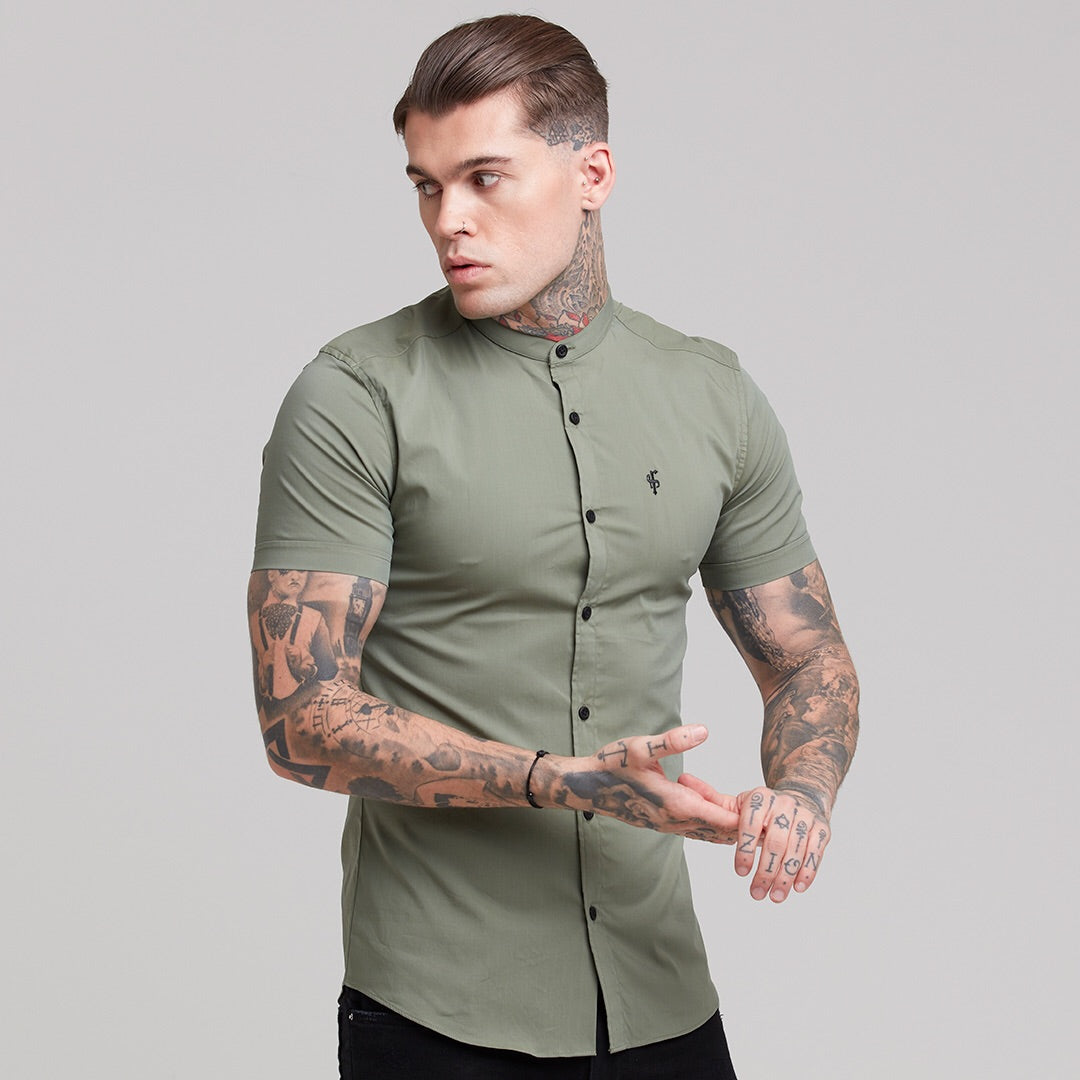 Super Slim Stretch Classic Khaki Grandad Collar Short Sleeve - FS291
