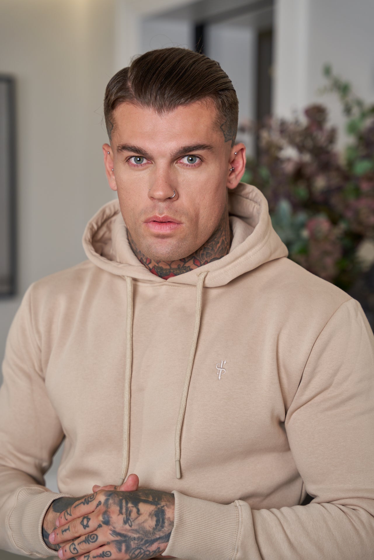 Beige Kangaroo Hoodie Top with FS Embroidery