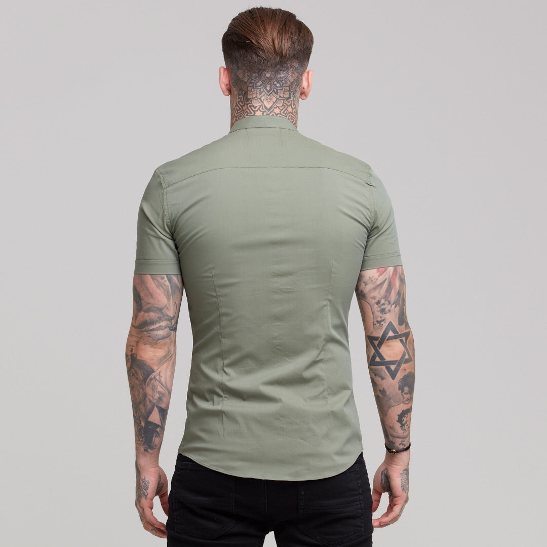 Super Slim Stretch Classic Khaki Grandad Collar Short Sleeve - FS291