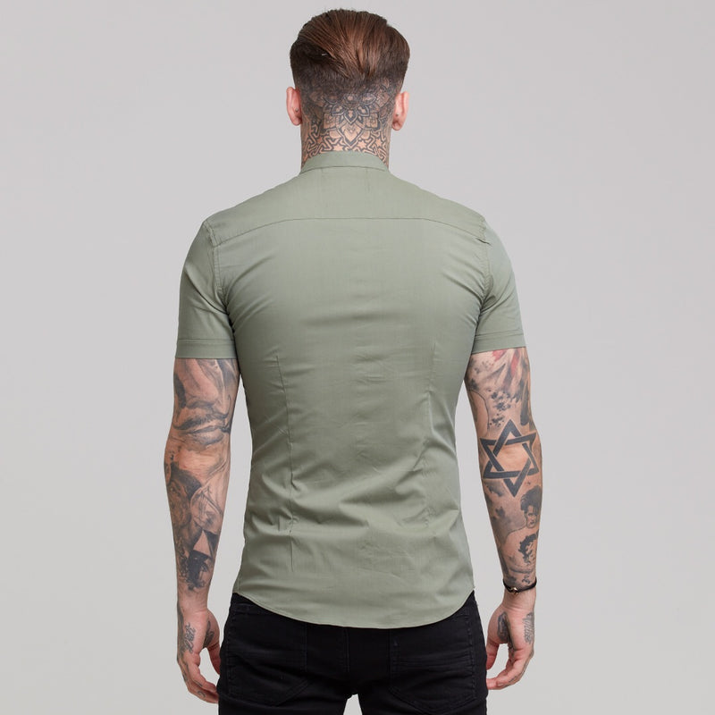 Father Sons Super Slim Stretch Classic Khaki Grandad Collar Short Sleeve - FS291